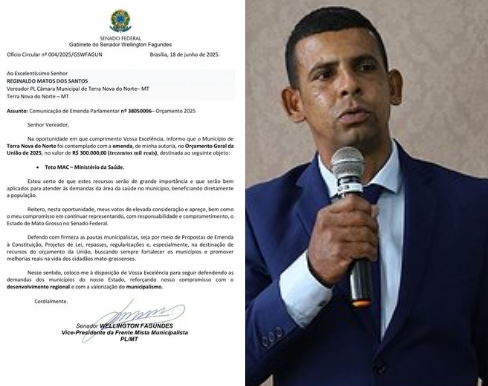 Senador Welington Fagundes viabiliza R$ 300 mil para a saúde de Terra Nova atendendo pedido do vereador Reginaldo da Uru